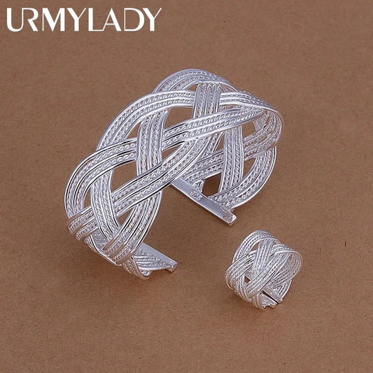 925 Silver jewelry Set For women lady retro exquisite reticulated circular opening bracelet ring set