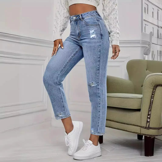 Japan and South Korea Casual Washed Ripped Jeans for Women