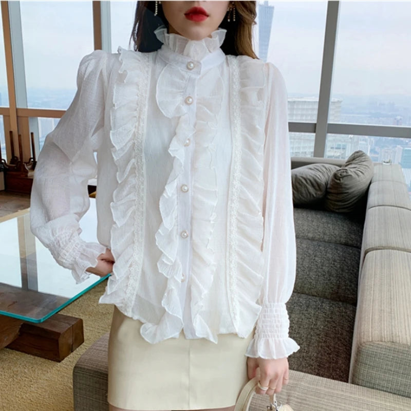 Korean Women Elegant Chiffon Shirt and Blouses Chic Long Sleeve Lace Ruffles Stand Collar Casual Loose White Top