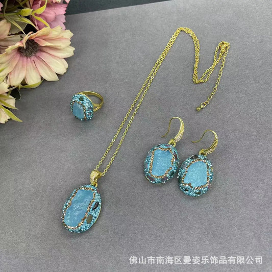 Aquamarine set of natural stone jewelry inlaid with tourmaline