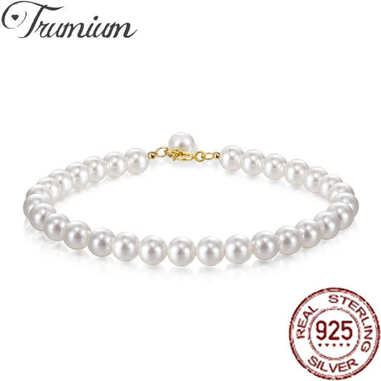 Trumium 925 Sterling Silver Real Pearl Bracelet for Women Girl Beaded Cultured Pearl Bangle