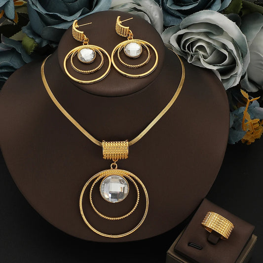 Stainless steel large round pendant Necklace Earrings Ring Jewelry Set for women