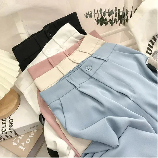 Elastic High Waist Suit Women Pants, Casual Loose Straight Black Office Ladies Trouser