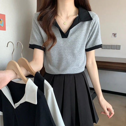 White V-neck Short Sleeve T-shirt Women Summer Loose Slim Fit Versatile Casual Body Shirt Top Milk Silk Material