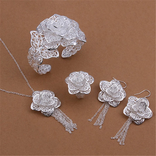 925 sterling Silver Jewelry set for women flower Pendant bangle earrings rings bracelet necklaces