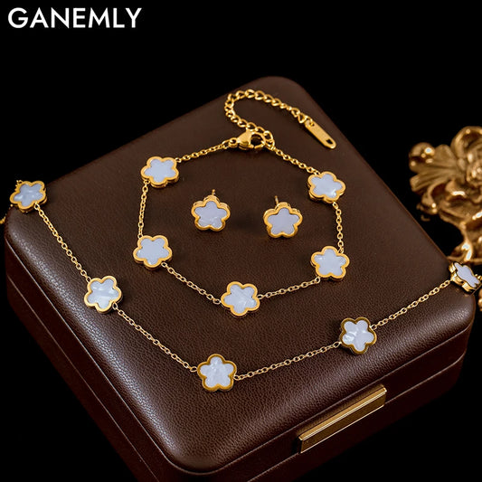 Stainless Steel White Plum Flower Five Leaf Clover Necklace Bracelet Earrings Jewelry Set For Women