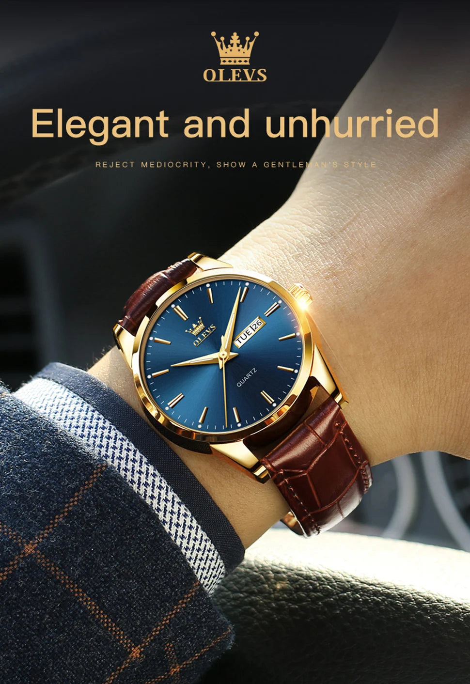 OLEVS Mens Quartz Watches Casual Fashion, Breathable leather Waterproof luminous Wristwatch