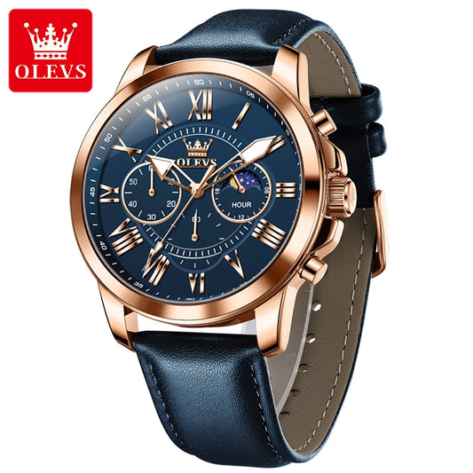 OLEVS 3632 Men's Watches Luxury Waterproof Leather Strap Moon phase Quartz Luminous 45.5MM Big Dial Watch