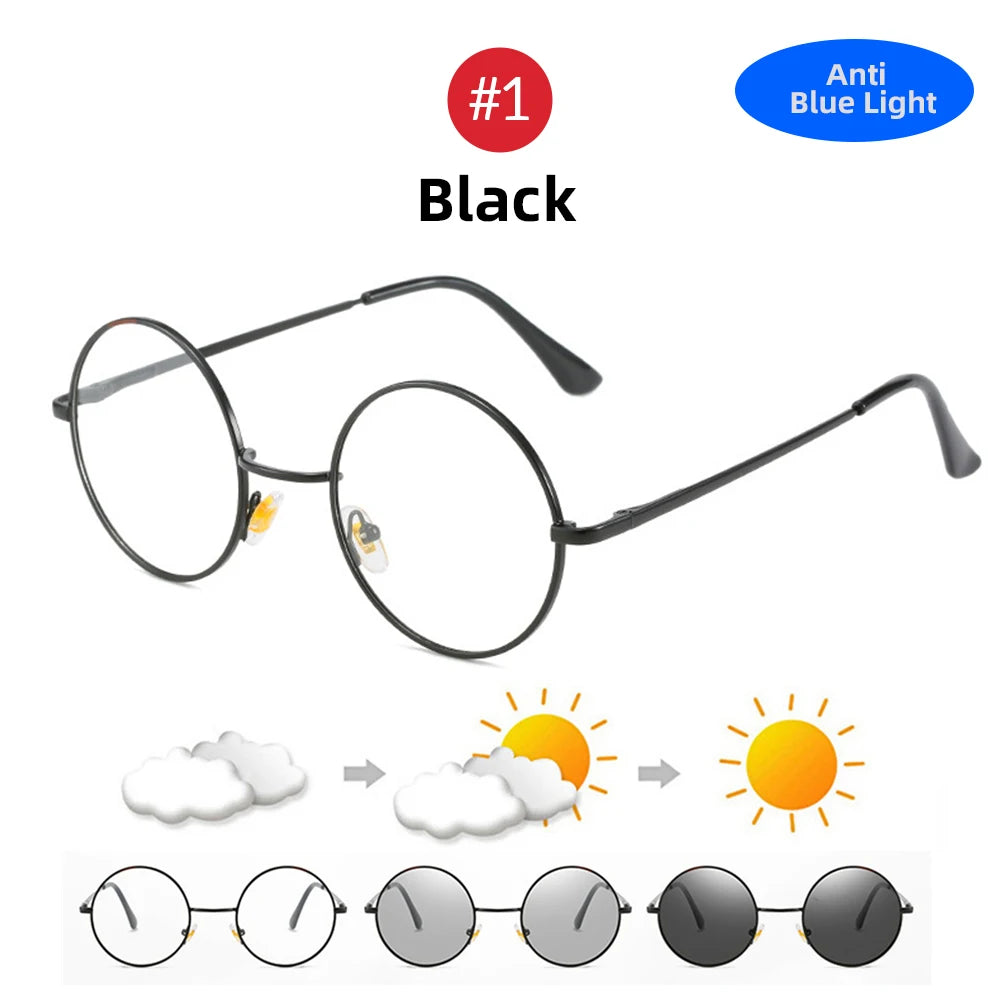 Photochromic Mens Blue Light Blocking Glasses Retro UV400, Anti Glare Round Color Changing Sunglasses