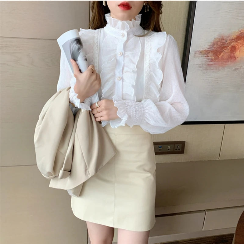 Korean Women Elegant Chiffon Shirt and Blouses Chic Long Sleeve Lace Ruffles Stand Collar Casual Loose White Top