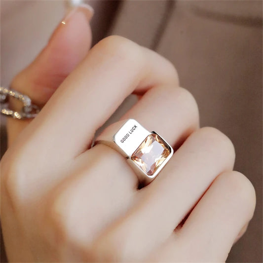 925 Sterling Silver White Brown Square Zircon Shiny Good Luck Noble Re-sizable Opening Ring For Women