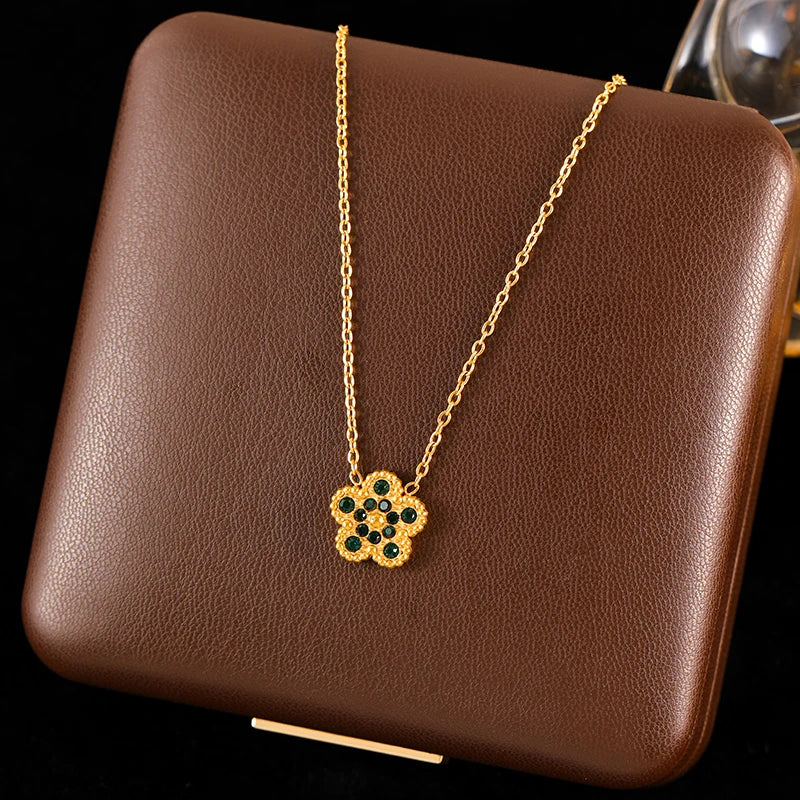 Pink Zircon Reversible Clover Necklace Bracelet Earrings Set For Women Trendy Stainless Steel Waterproof Jewelry