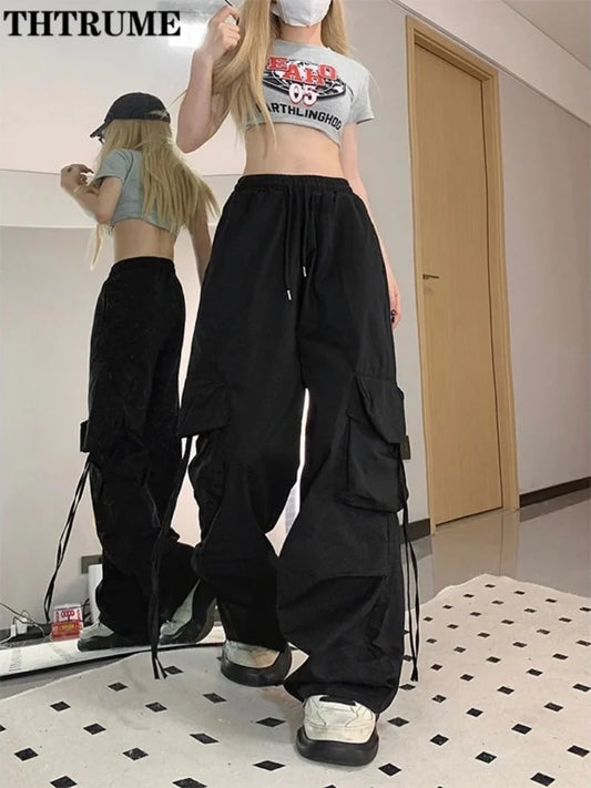 Retro Vintage High Street Baggy Pants Fashion Women Oversized Drawstring Pocket Streetwear Loose Jogger Trousers