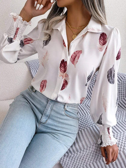 Women Casual Feather Print Collar Long Sleeve Shirt