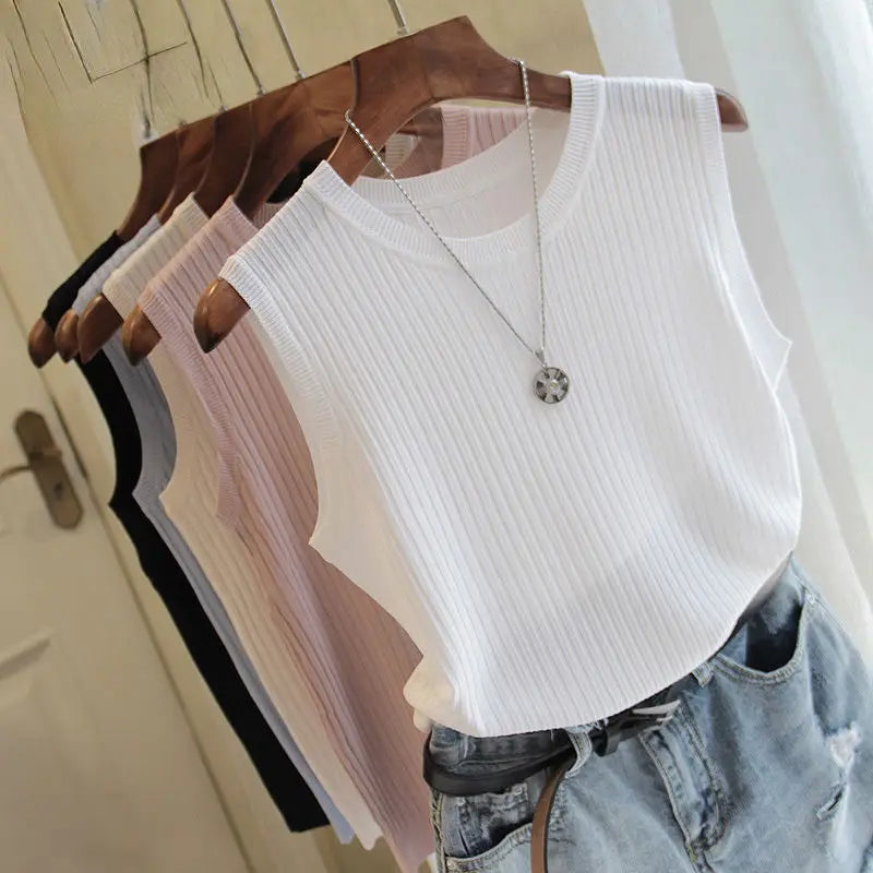 Summer Fashion Knitted Vests O-neck Sleeveless Casual Thin Tops Sleeveless Women Blouse