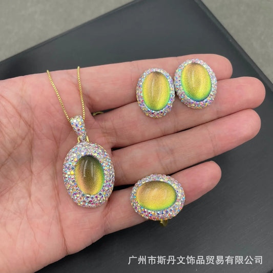 New gradual change colorful starry sky stone three-piece set medieval necklace niche fashion temperament set