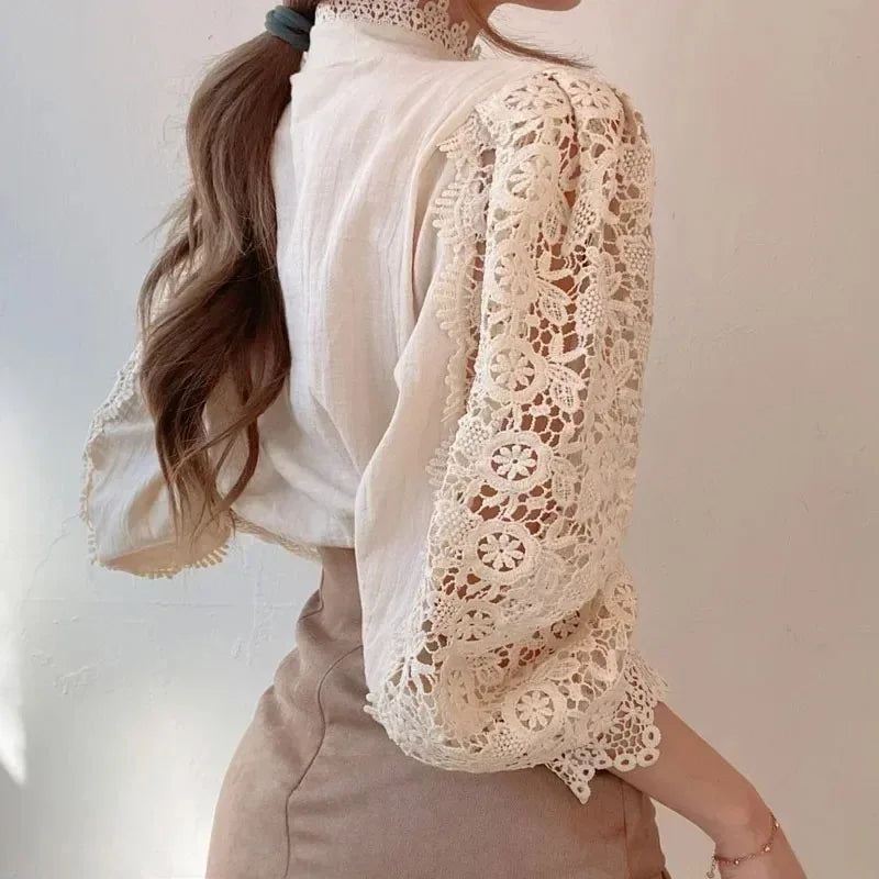 Shirt Women Office Lady Flower Blouse Spring Hollow Out Lace  Stand Collar Button Female Clothing