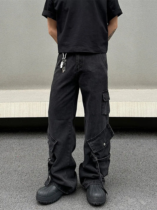 Y2K Streetwear Black Multi Pockets Baggy Jeans Cargo Pants For Men lon Homme