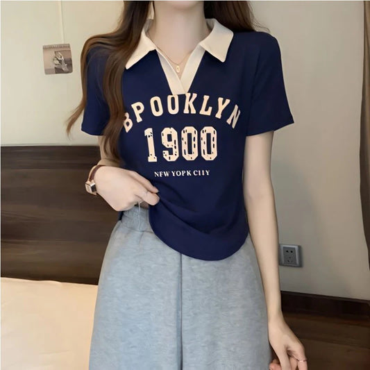 Women Summer Korean Fashion Letter Printing Slim Polo Collar Short Sleeve T-Shirt Simplicity Office Lady All-match Casual Tops