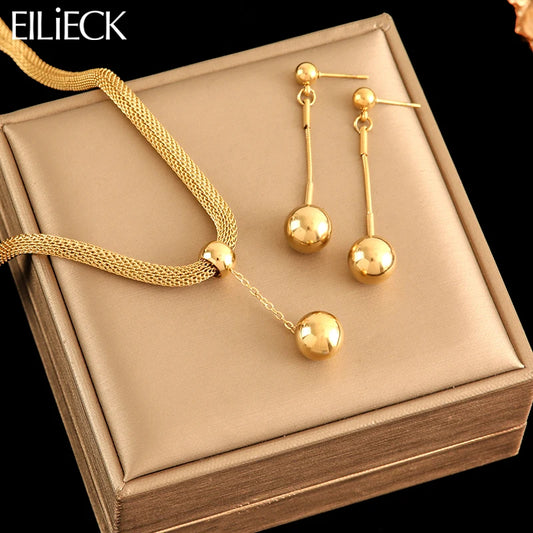 Stainless Steel 18K Gold Plated Bead Pendant Necklace Earrings Jewelry Set For Women