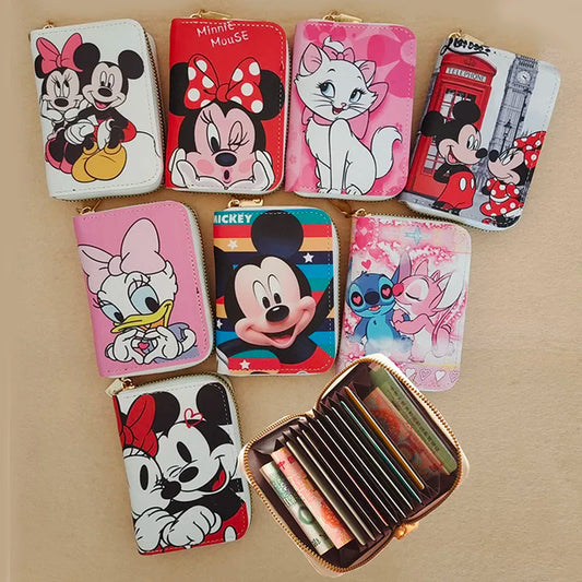 Cute Mickey Minnie PU Leather Wallet, Business Card Case Credit Card Holder Mini Zipper Clutch Bag