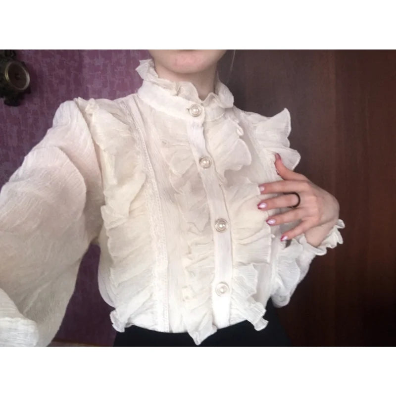 Korean Women Elegant Chiffon Shirt and Blouses Chic Long Sleeve Lace Ruffles Stand Collar Casual Loose White Top