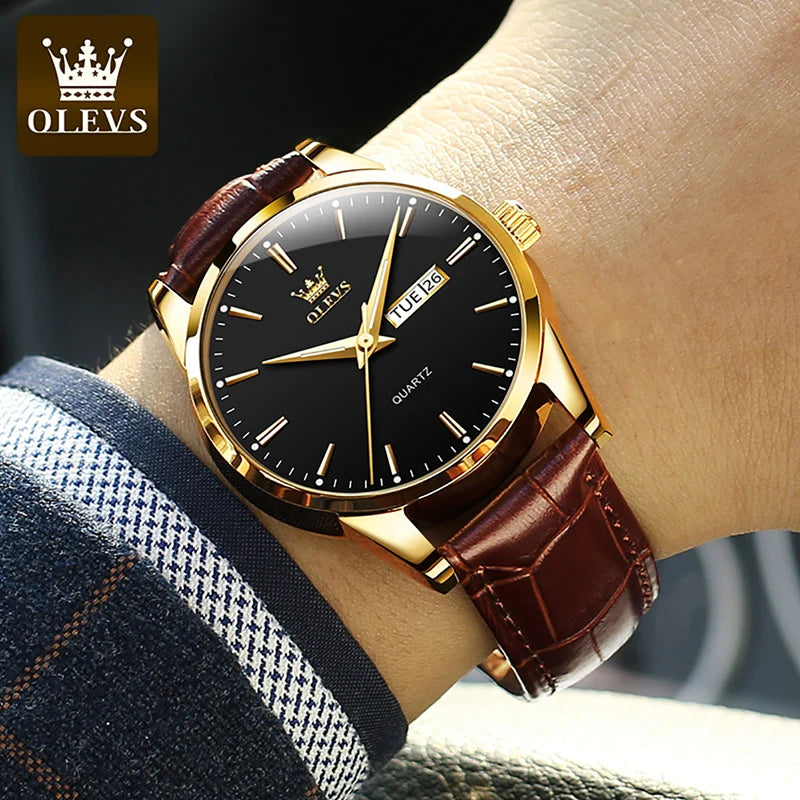 OLEVS Mens Quartz Watches Casual Fashion, Breathable leather Waterproof luminous Wristwatch