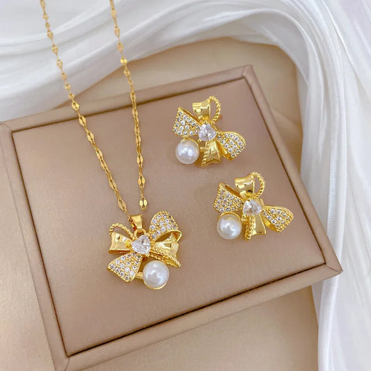 Classic Stainless Steel Gorgeous Pearl Bow Necklace Earrings Fashionable and Exquisite Accessories