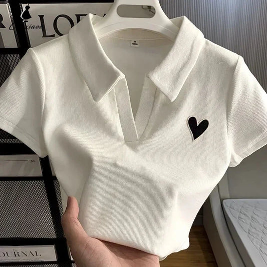 Korean Fashion Loves Embroidery T-shirt Polo Collar Orthoshoulder Slim Hotsweet Women's Crop Top