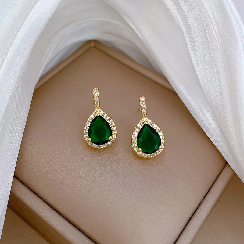 Stainless Steel Necklace Earring Set For Women Water Droplet Green Zircon Crystal Pendant Necklace Ear Studs