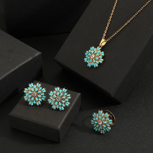 High quality Rings Earrings Necklace snowflake Jewelry Set for Women, Water pearl Shape Sapphire Gemstone