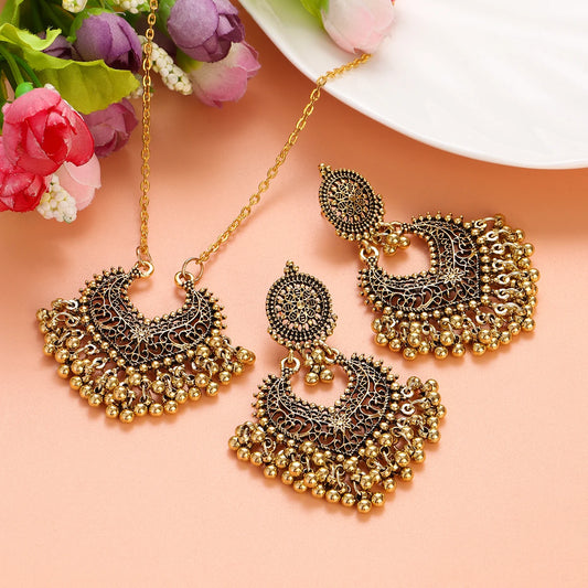 Jewelry Set for Women Retro Gold Plated Round Beads Tassel Earring Necklace Sets