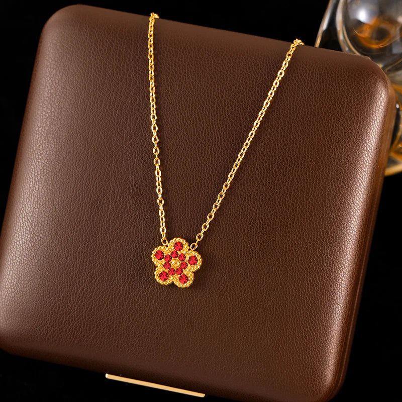 Pink Zircon Reversible Clover Necklace Bracelet Earrings Set For Women Trendy Stainless Steel Waterproof Jewelry