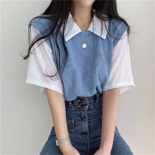 Summer Academy Style Color Blocking Polo Collar Top Short Sleeve T-shirt Women Lazy Loose Casual Versatile Blouse
