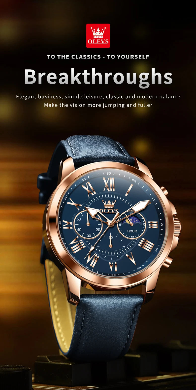 OLEVS 3632 Men's Watches Luxury Waterproof Leather Strap Moon phase Quartz Luminous 45.5MM Big Dial Watch