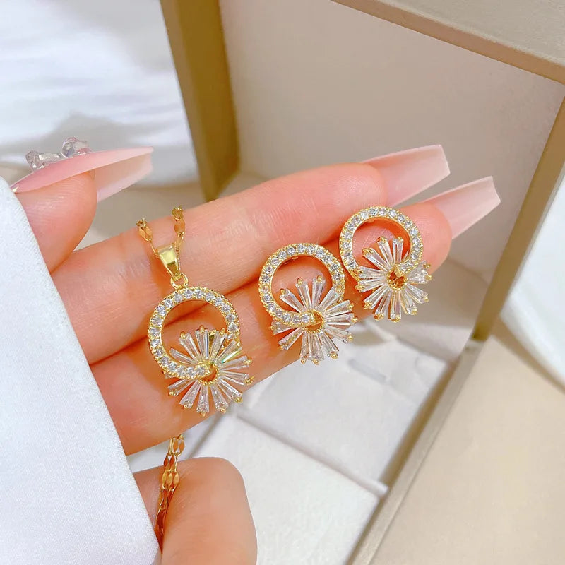Stainless Steel Austrian Crystal Enamel Square Pendant Jewelry Sets Women