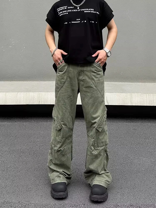 2024 Cyber Y2K Streetwear Multi Pockets Army Green Baggy Jeans Cargo Pants For Men