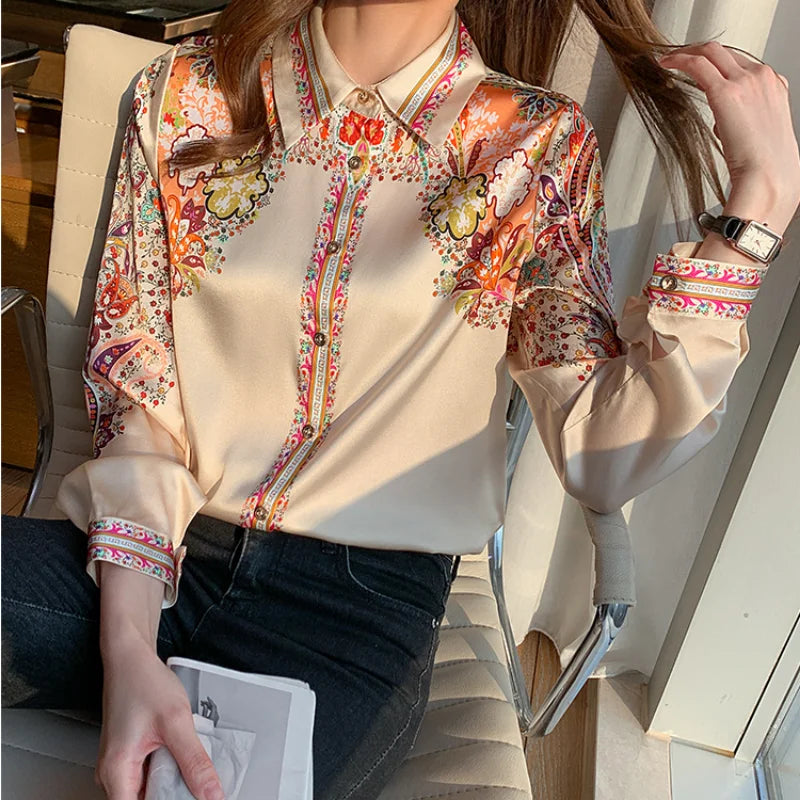 Long Sleeve Shirts Casual Tops Spring Fashion Women Floral Print Blouse Tops Ladies Shirts