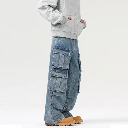 Men's Baggy Jeans Blue Wide Legs Denim Pants Oversize Cargo Korean Fashion Male Clothes