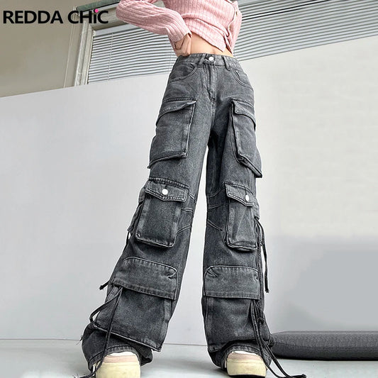 Big Size Cargo Pockets Baggy Jeans Women Vintage Wash Bandage High Waist Big Pockets Wide Leg Pants