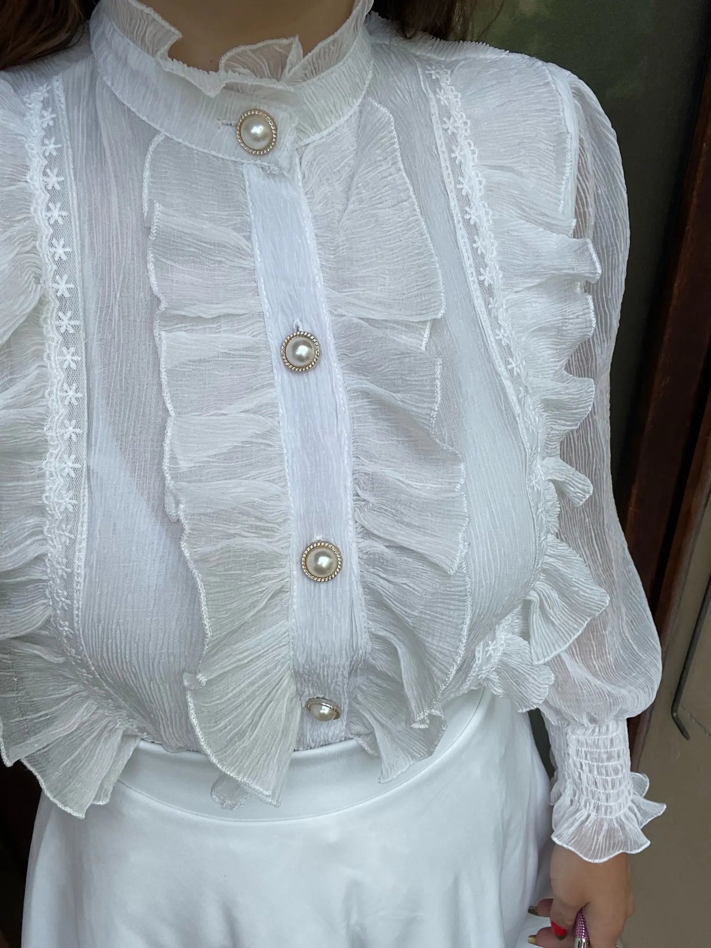 Korean Women Elegant Chiffon Shirt and Blouses Chic Long Sleeve Lace Ruffles Stand Collar Casual Loose White Top