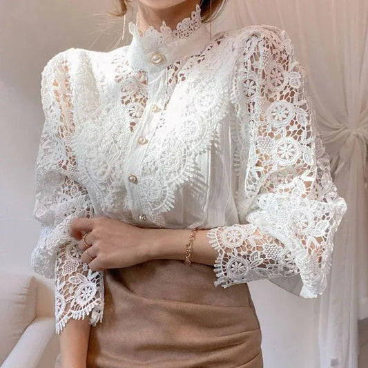 Shirt Women Office Lady Flower Blouse Spring Hollow Out Lace  Stand Collar Button Female Clothing