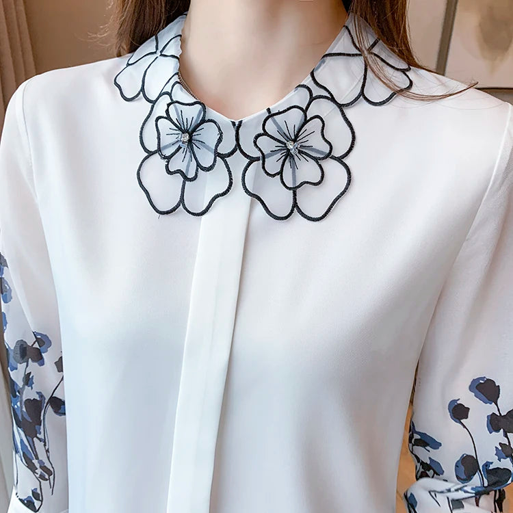 Professional Print Women Blouses Work Casual Top Chiffon Blouse Elegant Simple Loose Shirt