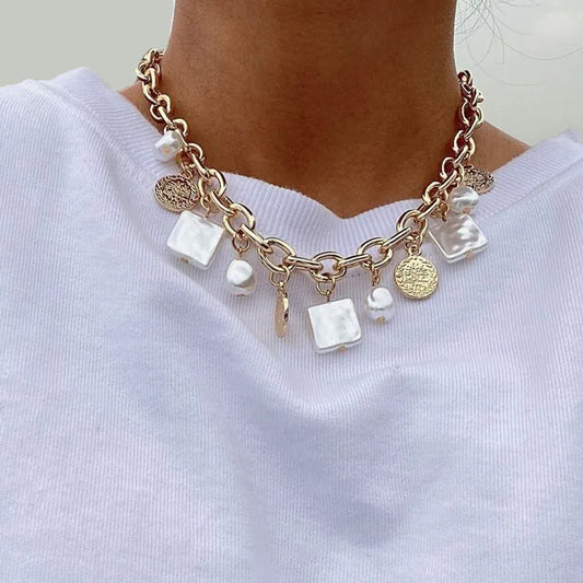 Elegant Jewelry Imitation Irregular pearl Pendant Necklace Big Geometry Chain Unique Women  Fashion Necklace