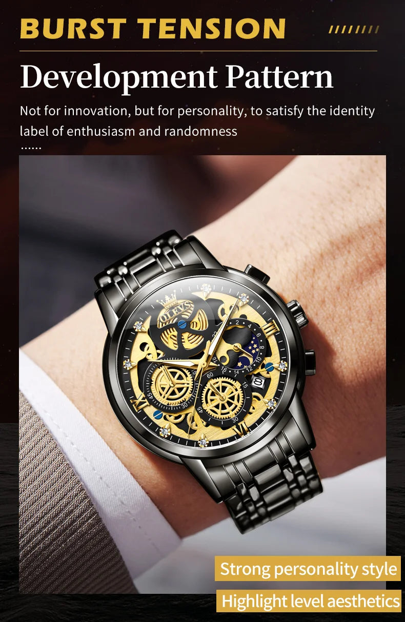OLEVS Men's Waterproof Quartz Watch for Man Gold Skeleton Style 24 Hour Day Night Watch