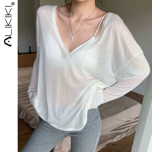 Women's V-Neck Long Sleeve T-Shirt Thin Perspective Summer Loose Fit Casual Top Korean Base Sun Protection Cover Up Top
