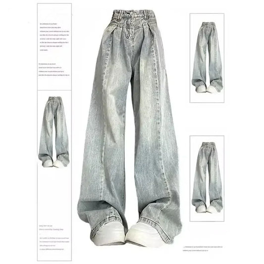 Retro Distressed Wide Leg Denim Jeans Women's Loose Straight Floor-Length Trousers