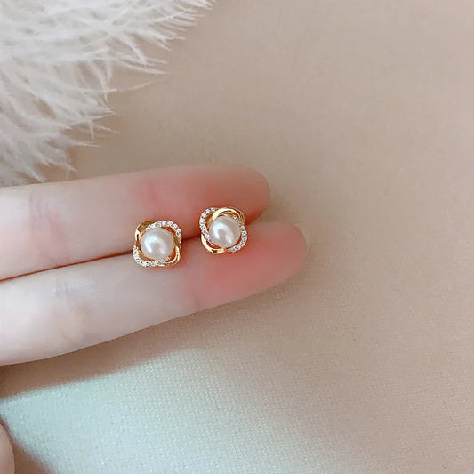 14k Gold Jewelry Real Gold  Earrings Zircon Pearl Twist Luxury style Stud Earrings for Women