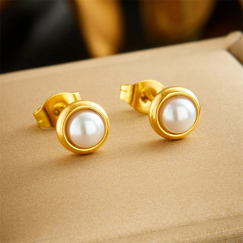 Women's Stainless Steel Round White Pearl Necklace Bracelet Earrings