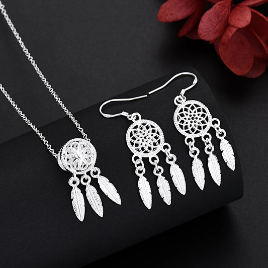 925 Sterling Silver Charm Necklace Earring  Retro Set  Jewelry for Women